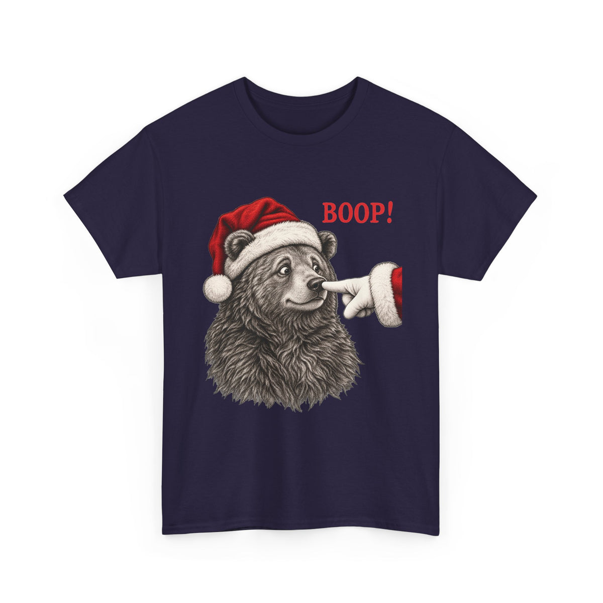 Blackberry Bear Boop Christmas t-shirt with a Santa hat bear getting booped on the nose, front view