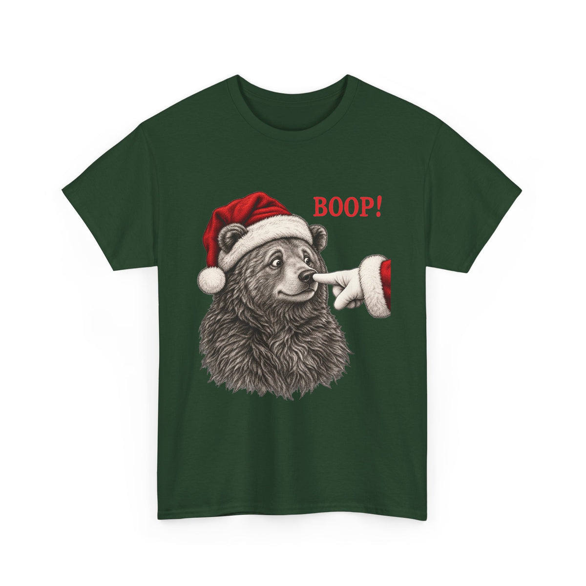 Forest Green Bear Boop Christmas t-shirt with a Santa hat bear getting booped on the nose, front view