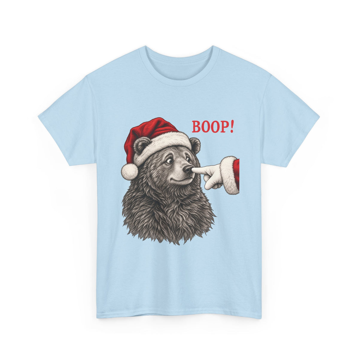 Light Blue Bear Boop Christmas t-shirt with a Santa hat bear getting booped on the nose, front view