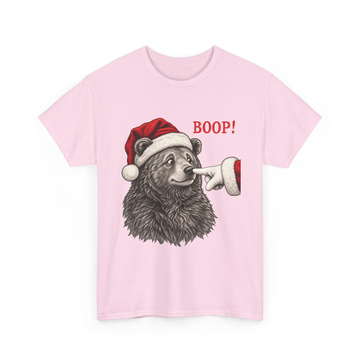 Light Pink Bear Boop Christmas t-shirt with a Santa hat bear getting booped on the nose, front view