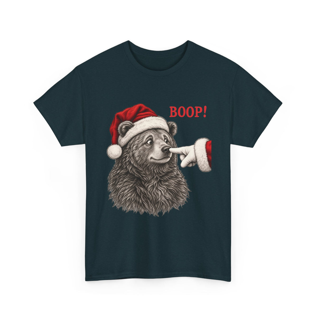 Midnight Bear Boop Christmas t-shirt with a Santa hat bear getting booped on the nose, front view