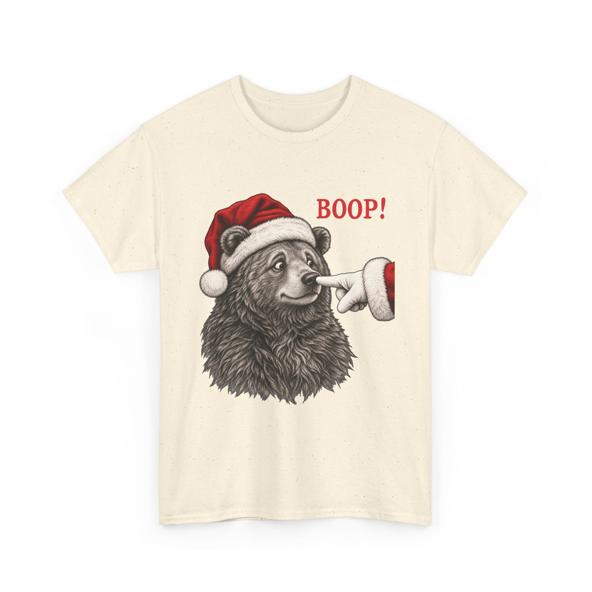 Natural Bear Boop Christmas t-shirt with a Santa hat bear getting booped on the nose, front view