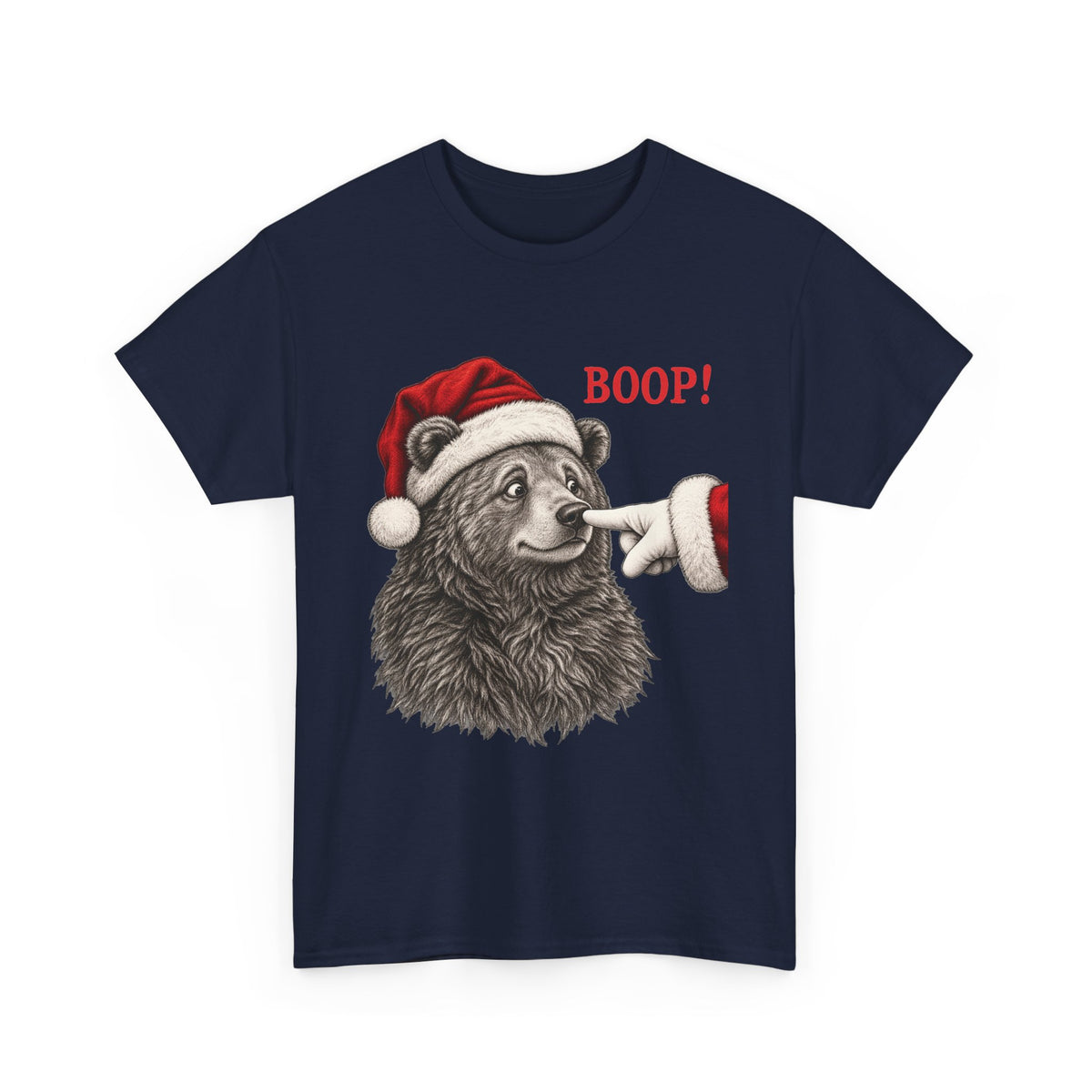 Navy Bear Boop Christmas t-shirt with a Santa hat bear getting booped on the nose, front view