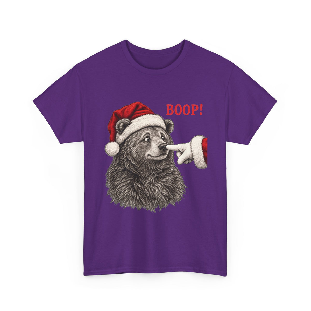 Purple Bear Boop Christmas t-shirt with a Santa hat bear getting booped on the nose, front view