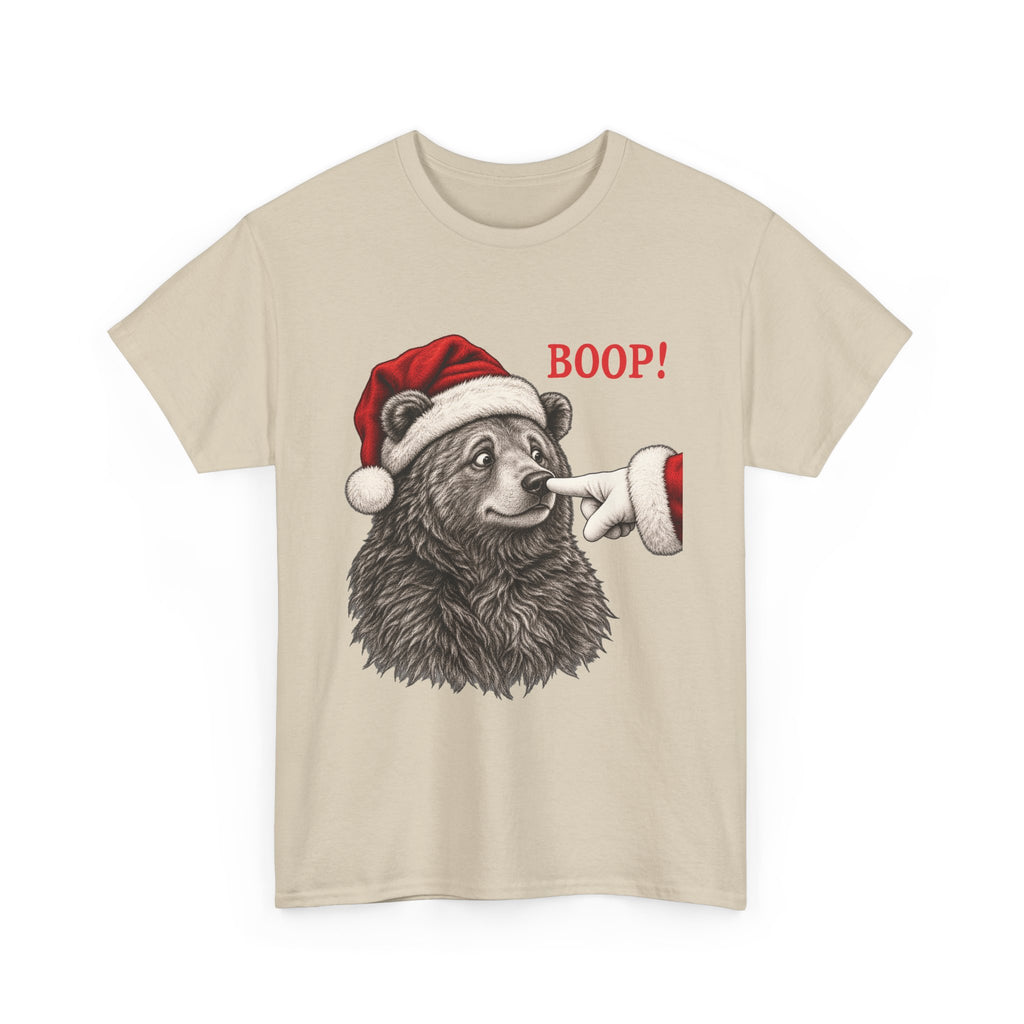 Sand Bear Boop Christmas t-shirt with a Santa hat bear getting booped on the nose, front view