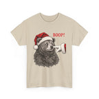 Sand Bear Boop Christmas t-shirt with a Santa hat bear getting booped on the nose, front view