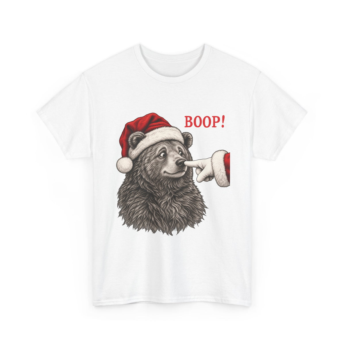 White Bear Boop Christmas t-shirt with a Santa hat bear getting booped on the nose, front view