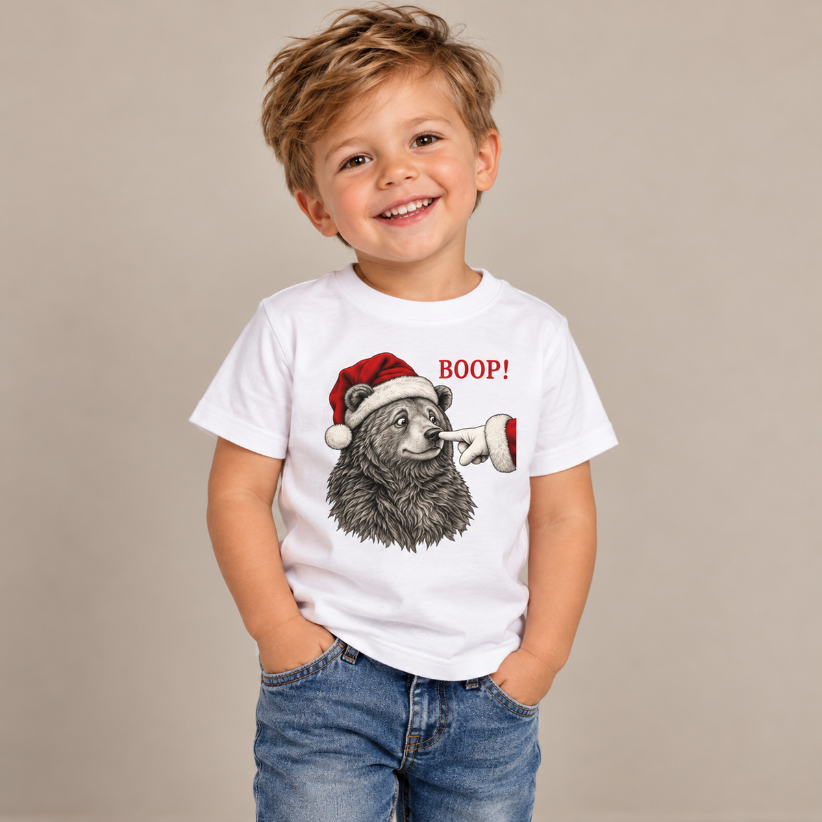 Boy wearing the Bear Boop Christmas Toddler T-Shirt