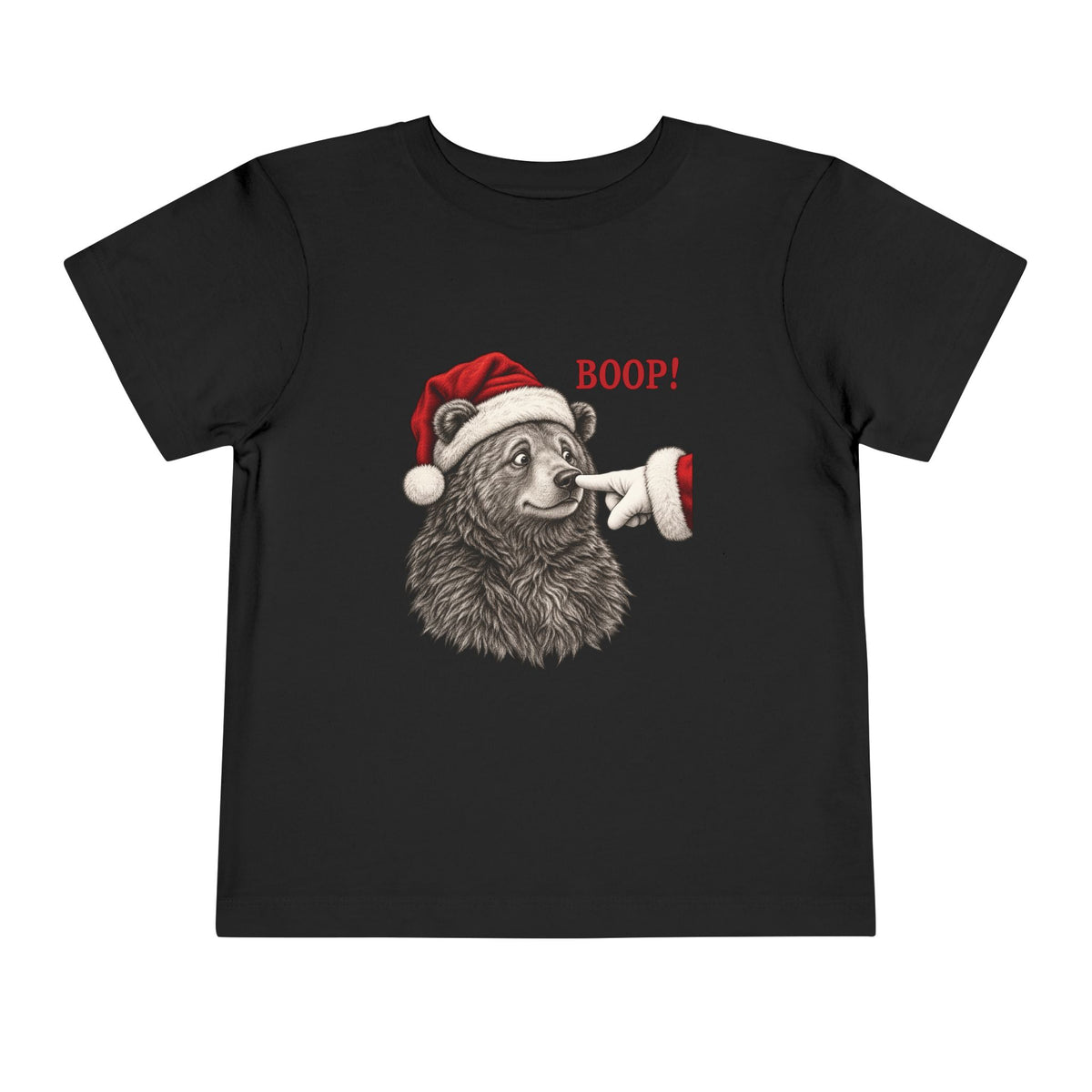 Black Bear Boop Christmas toddler t-shirt with a Santa hat bear getting booped on the nose, front view
