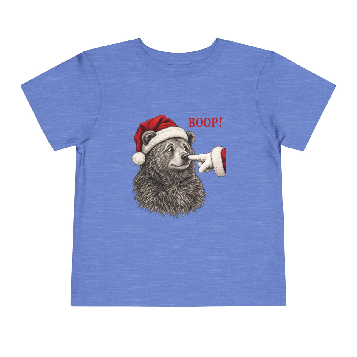 Heather Columbia Blue Bear Boop Christmas toddler t-shirt with a Santa hat bear getting booped on the nose, front view
