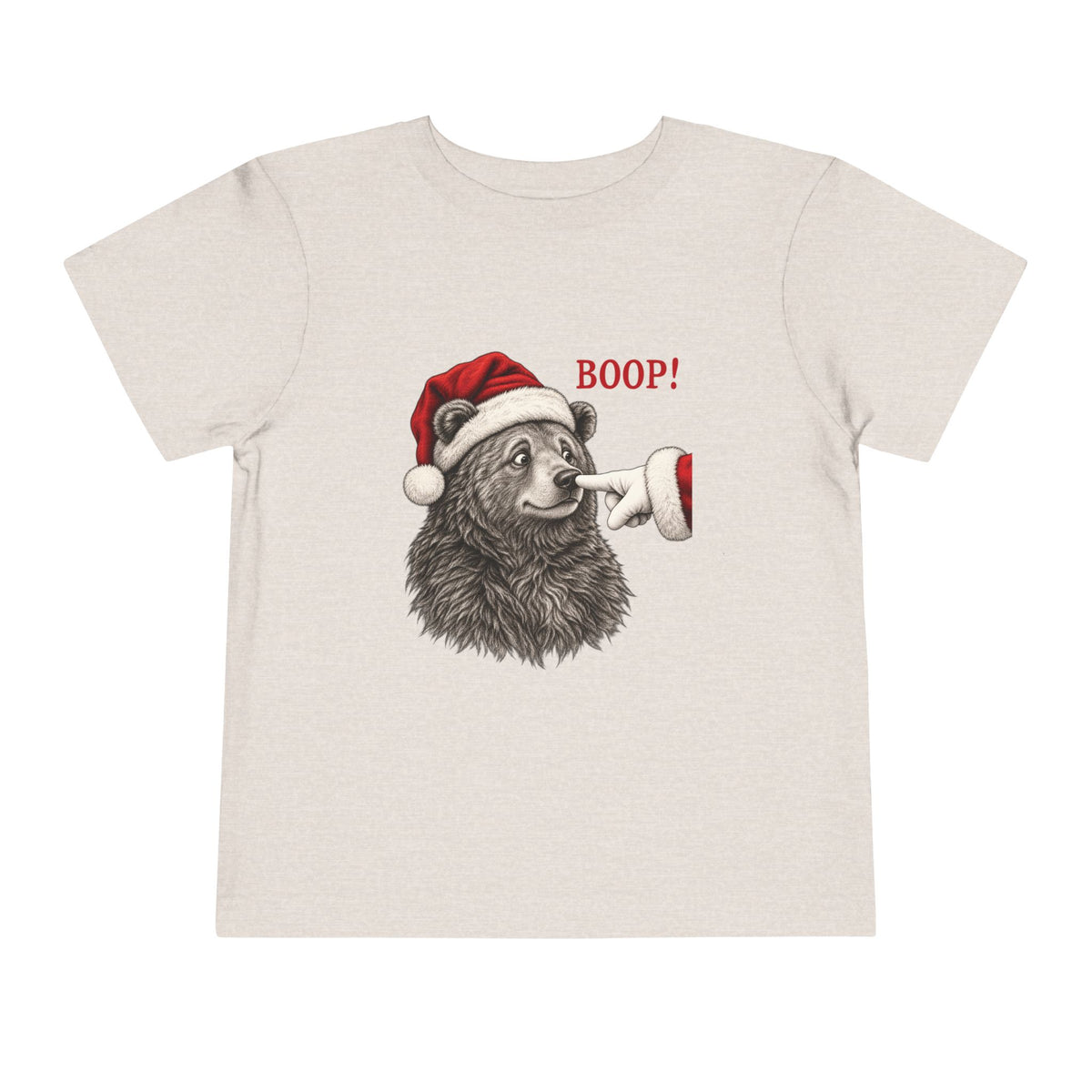 Heather Dust Bear Boop Christmas toddler t-shirt with a Santa hat bear getting booped on the nose, front view