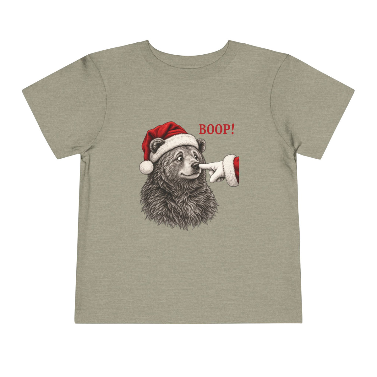 Heather Stone Bear Boop Christmas toddler t-shirt with a Santa hat bear getting booped on the nose, front view