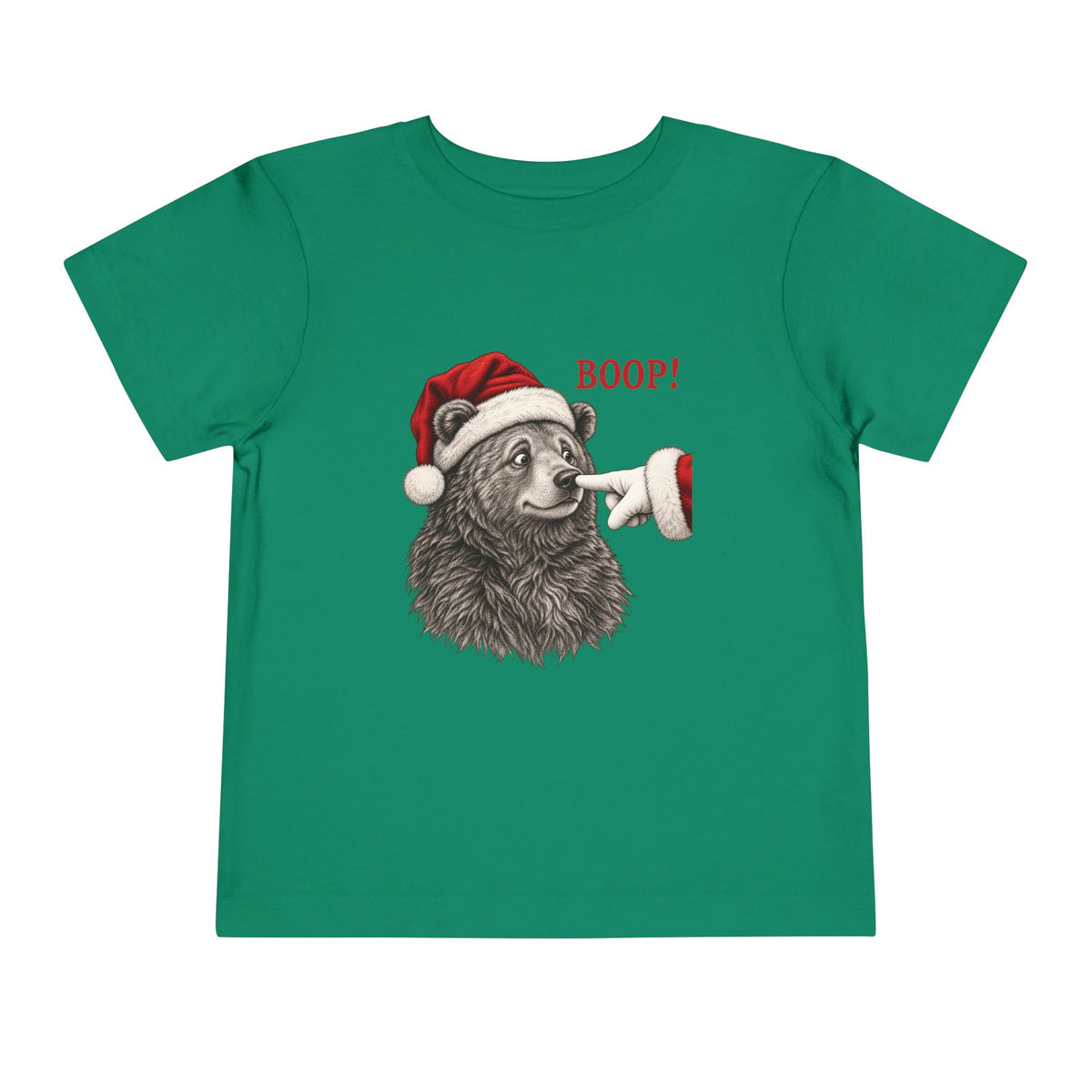 Kelly Bear Boop Christmas toddler t-shirt with a Santa hat bear getting booped on the nose, front view