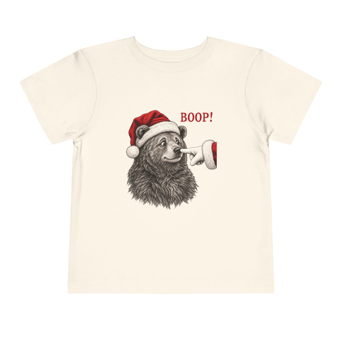 Natural Bear Boop Christmas toddler t-shirt with a Santa hat bear getting booped on the nose, front view