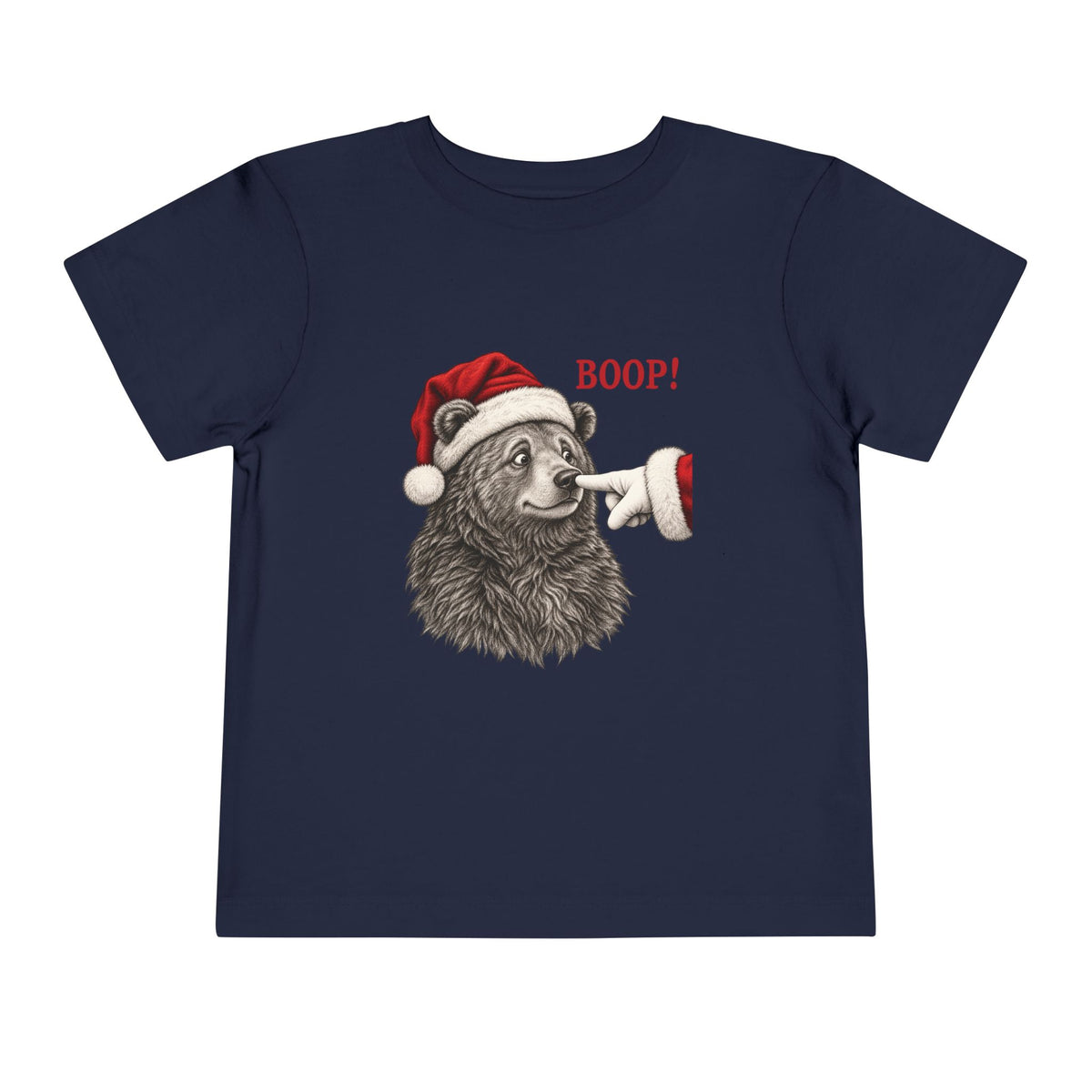 Navy Bear Boop Christmas toddler t-shirt with a Santa hat bear getting booped on the nose, front view