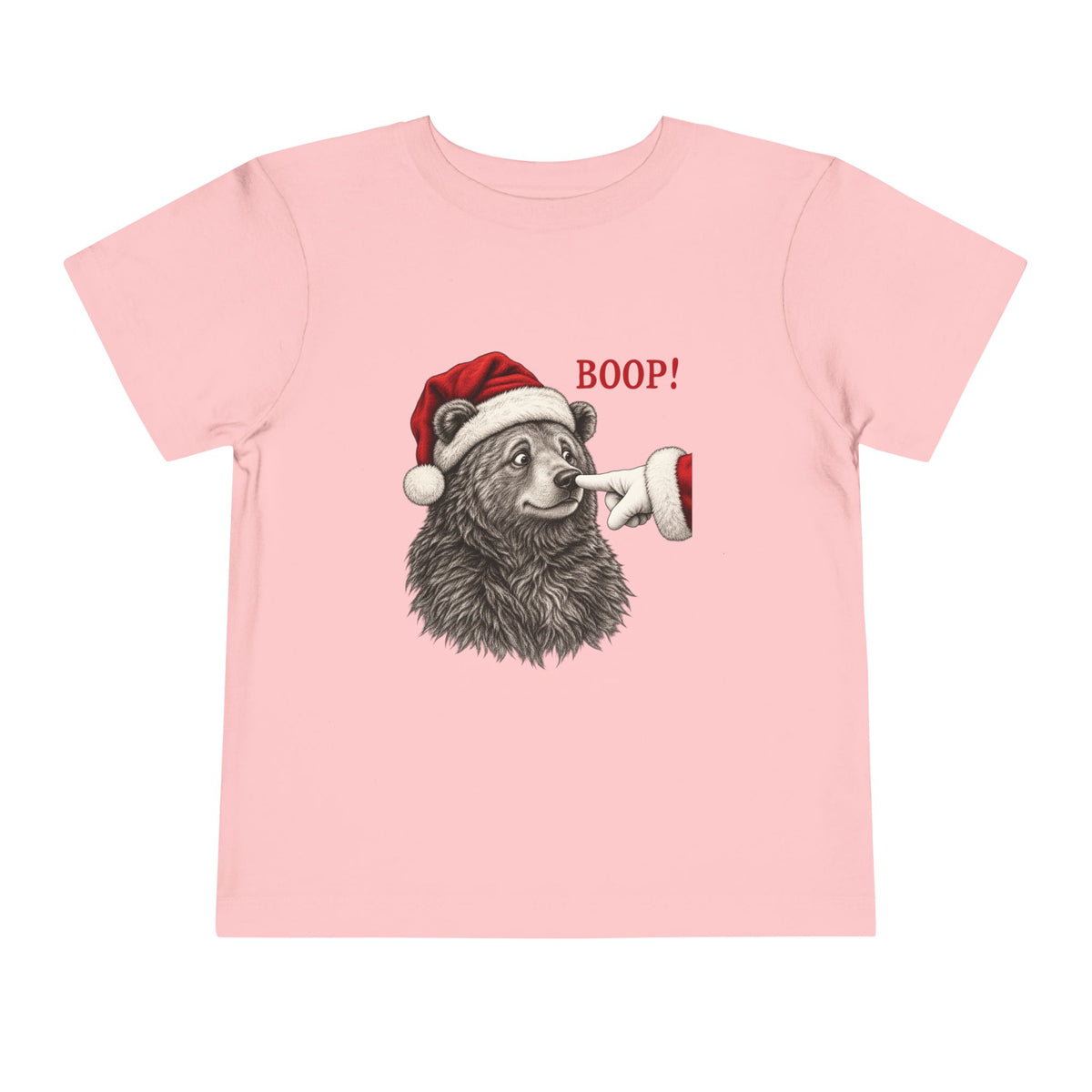 Pink Bear Boop Christmas toddler t-shirt with a Santa hat bear getting booped on the nose, front view