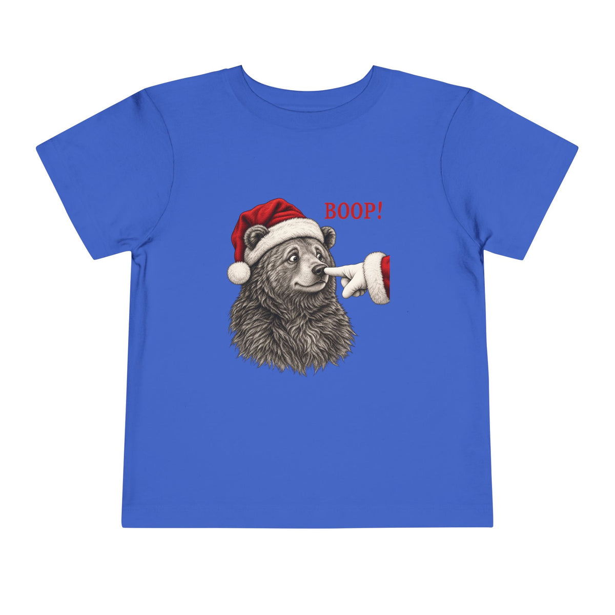 True Royal Bear Boop Christmas toddler t-shirt with a Santa hat bear getting booped on the nose, front view