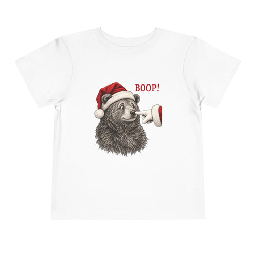 White Bear Boop Christmas toddler t-shirt with a Santa hat bear getting booped on the nose, front view