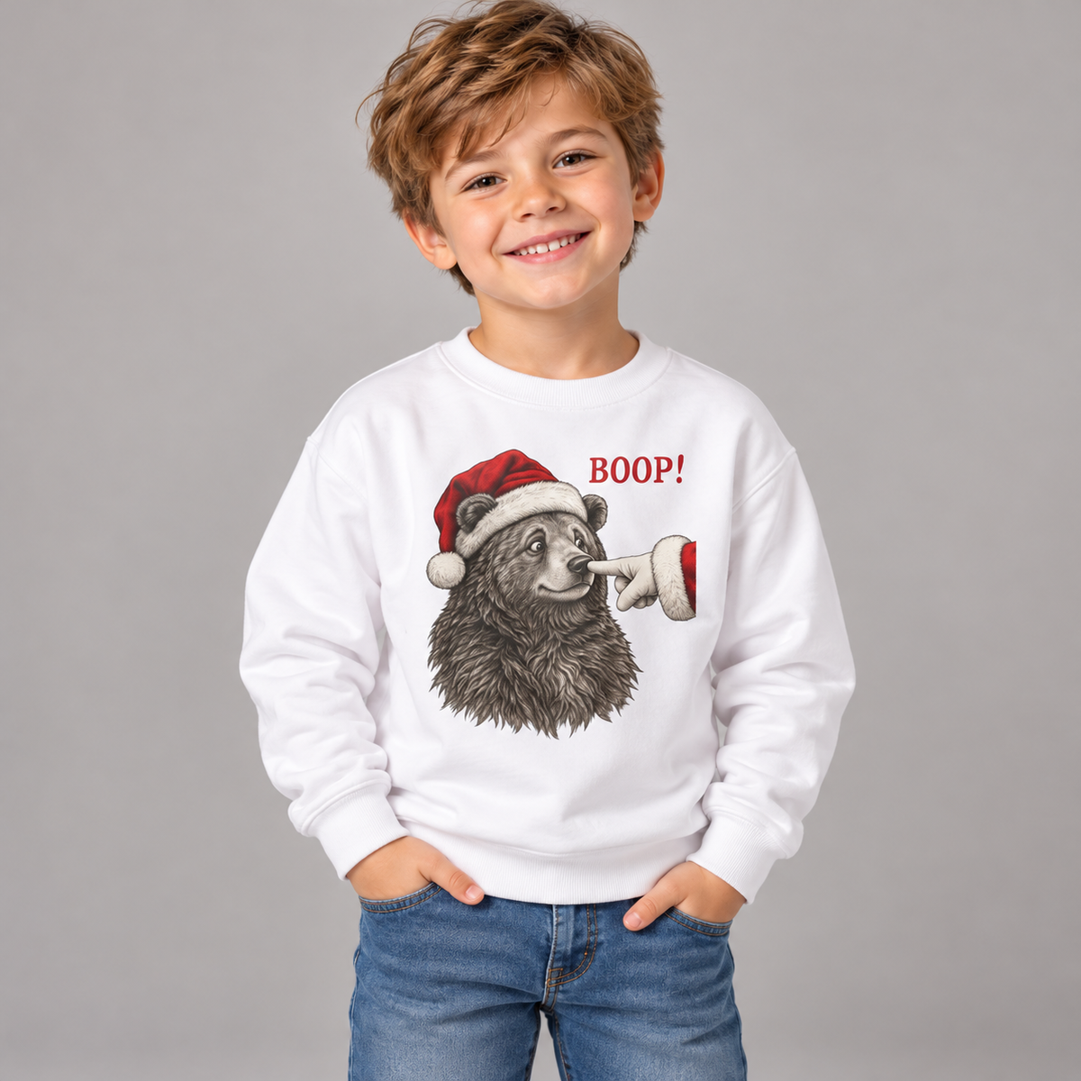 Boy wearing the White Bear Boop Christmas Youth Sweatshirt