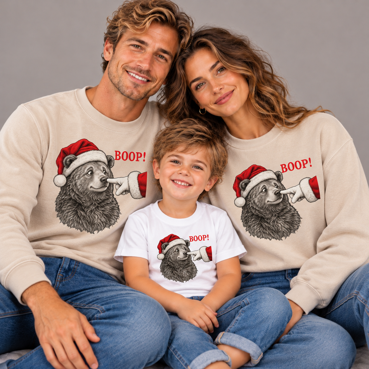 Family wearing matching Bear Boop Christmas sweatshirts and kids shirts