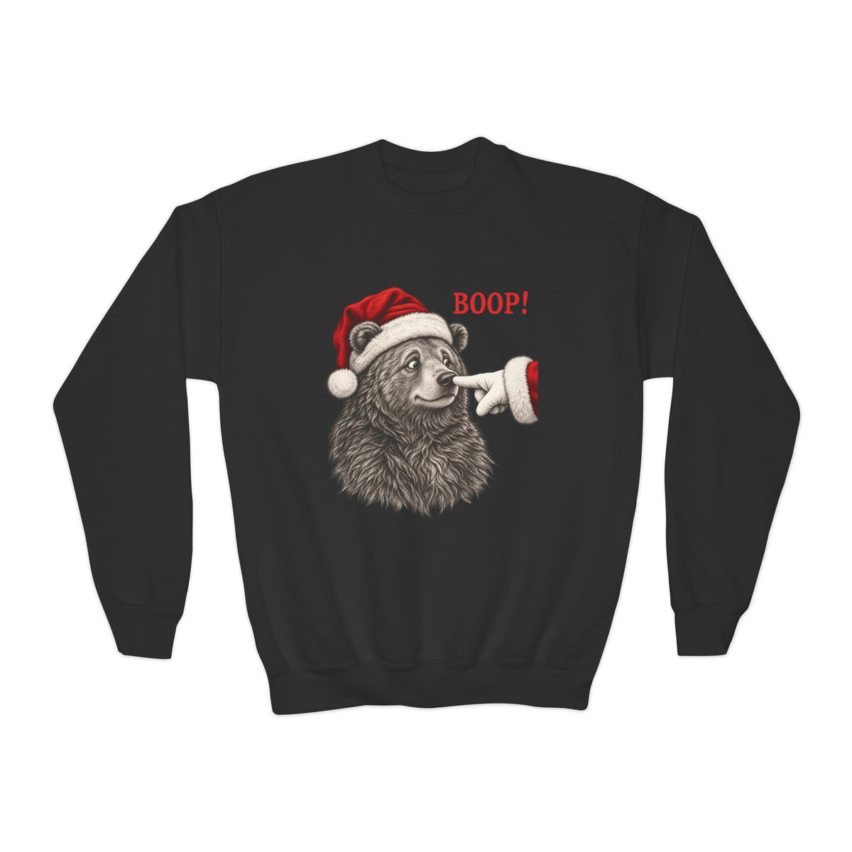 Black Bear Boop Christmas youth sweatshirt with a Santa hat bear getting booped on the nose, front view
