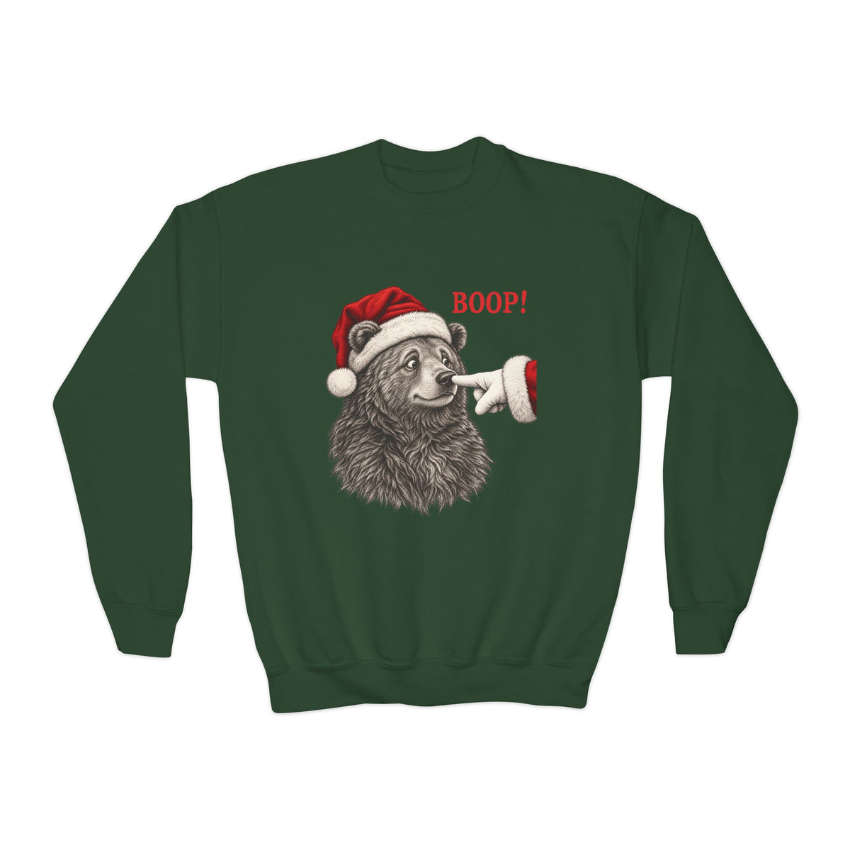 Forest Green Bear Boop Christmas youth sweatshirt with a Santa hat bear getting booped on the nose, front view
