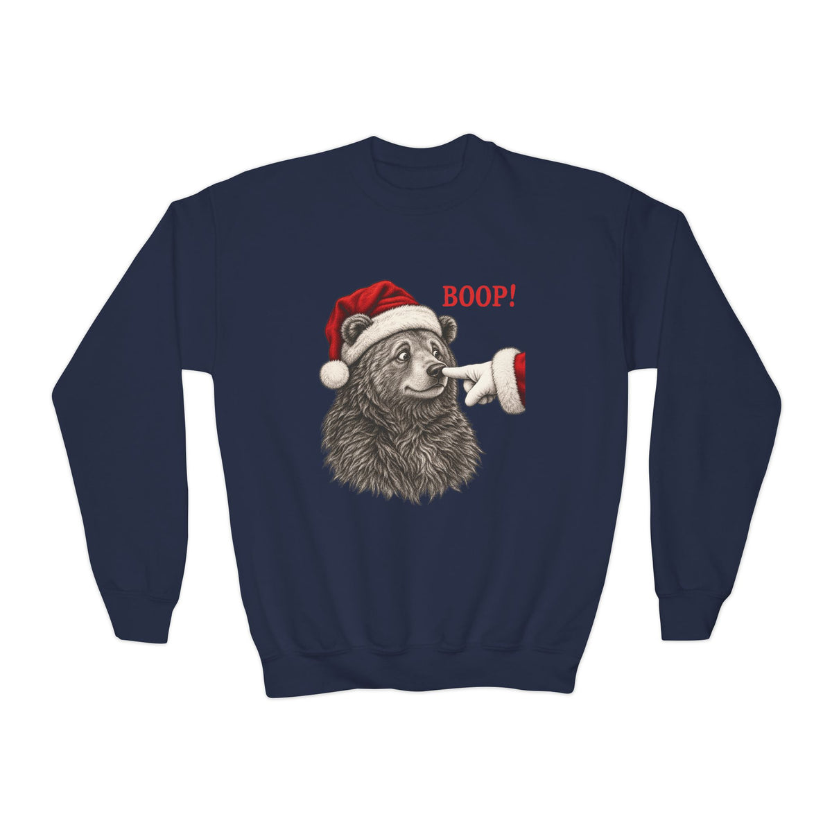 Navy Bear Boop Christmas youth sweatshirt with a Santa hat bear getting booped on the nose, front view