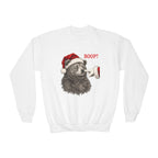 White Bear Boop Christmas youth sweatshirt with a Santa hat bear getting booped on the nose, front view