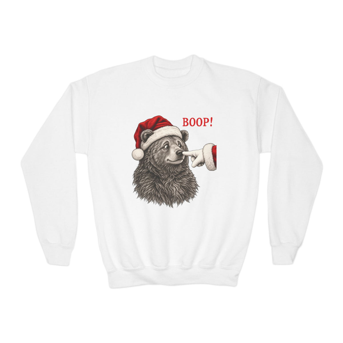White Bear Boop Christmas youth sweatshirt with a Santa hat bear getting booped on the nose, front view