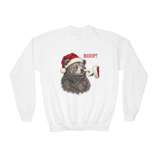 White Bear Boop Christmas youth sweatshirt with a Santa hat bear getting booped on the nose, front view
