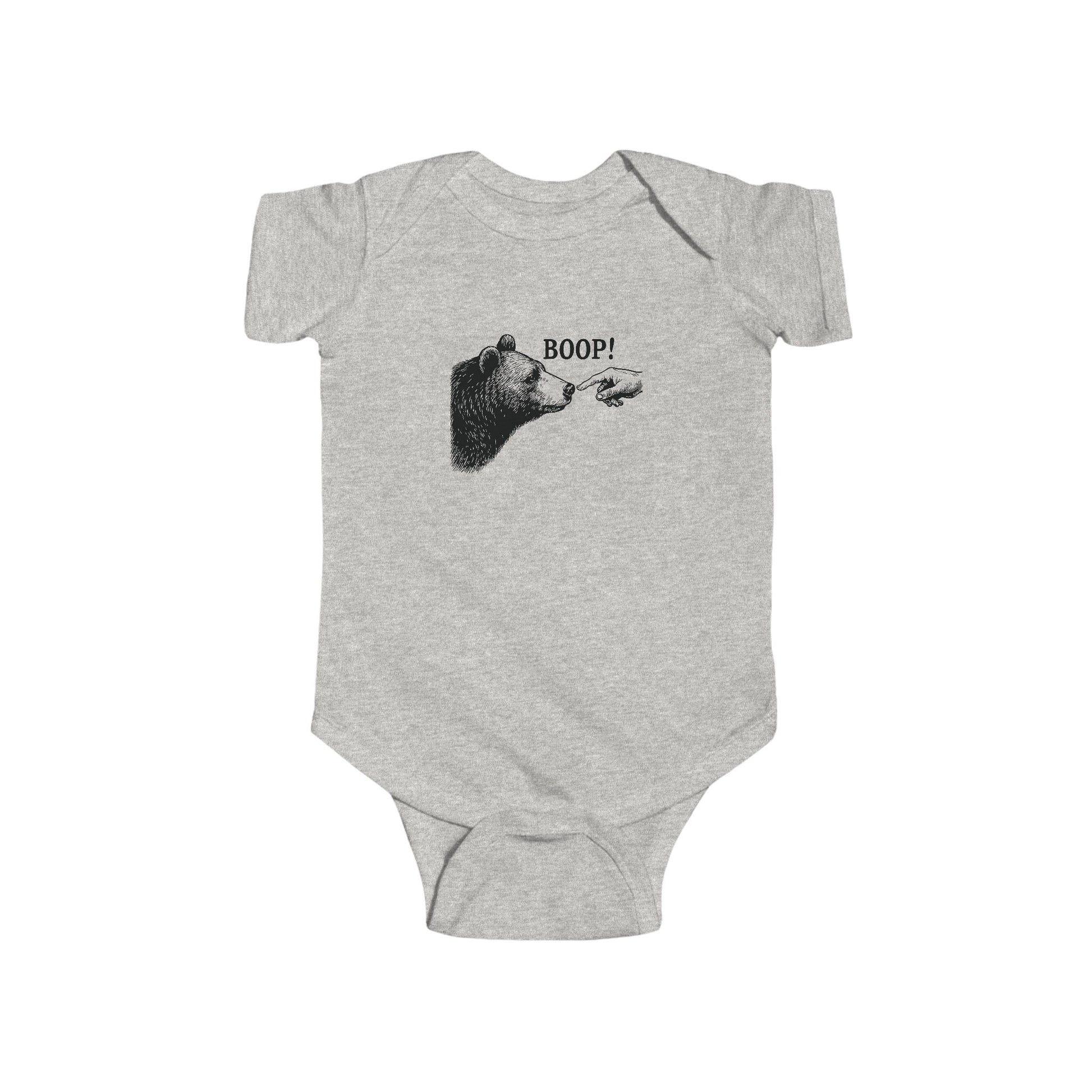 Ash grey Bear Boop baby bodysuit with vintage engraved bear and pointing finger