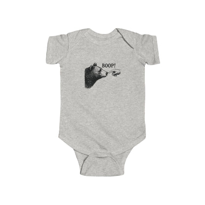 Ash grey Bear Boop baby bodysuit with vintage engraved bear and pointing finger