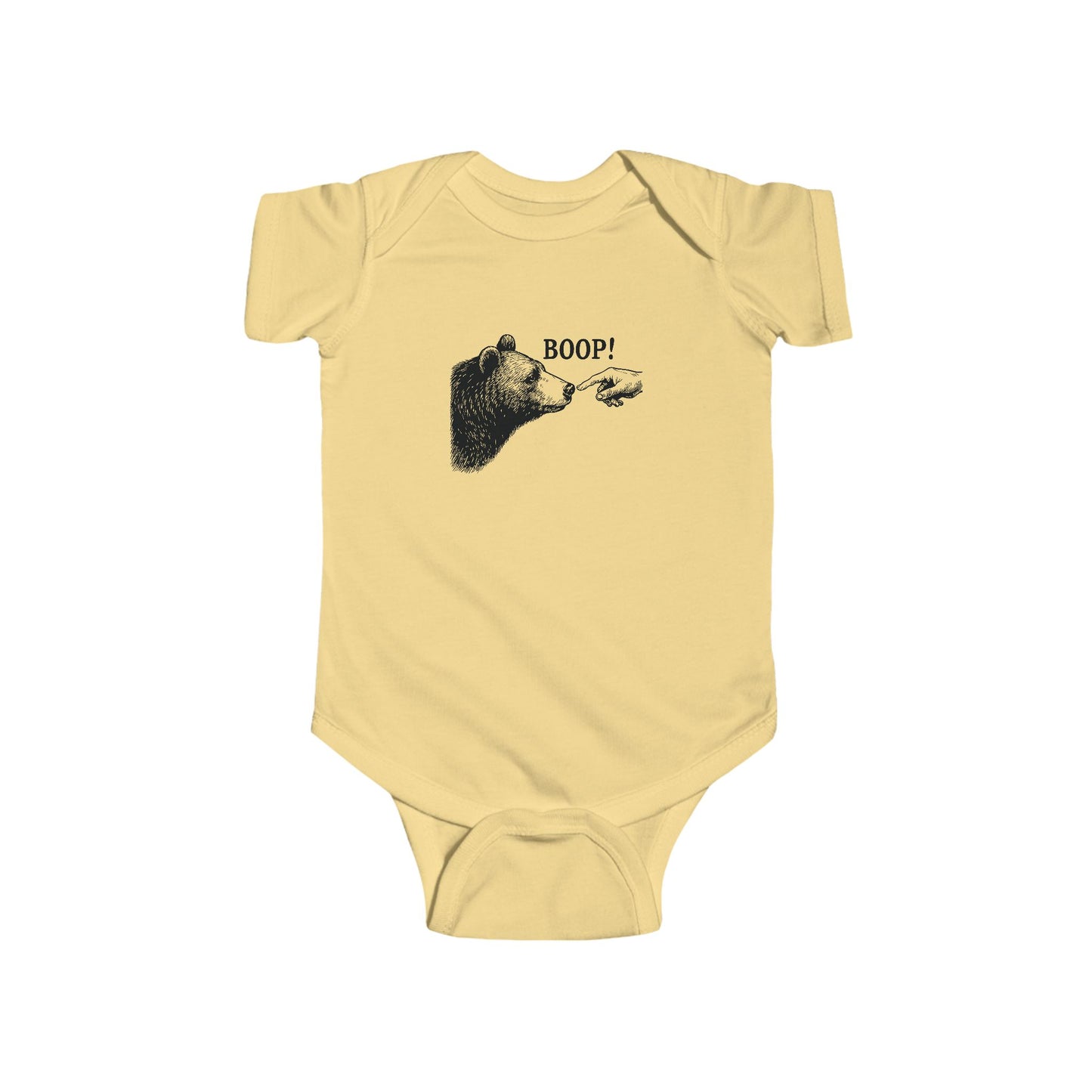 Butter yellow Bear Boop baby bodysuit with vintage engraved bear and pointing finger