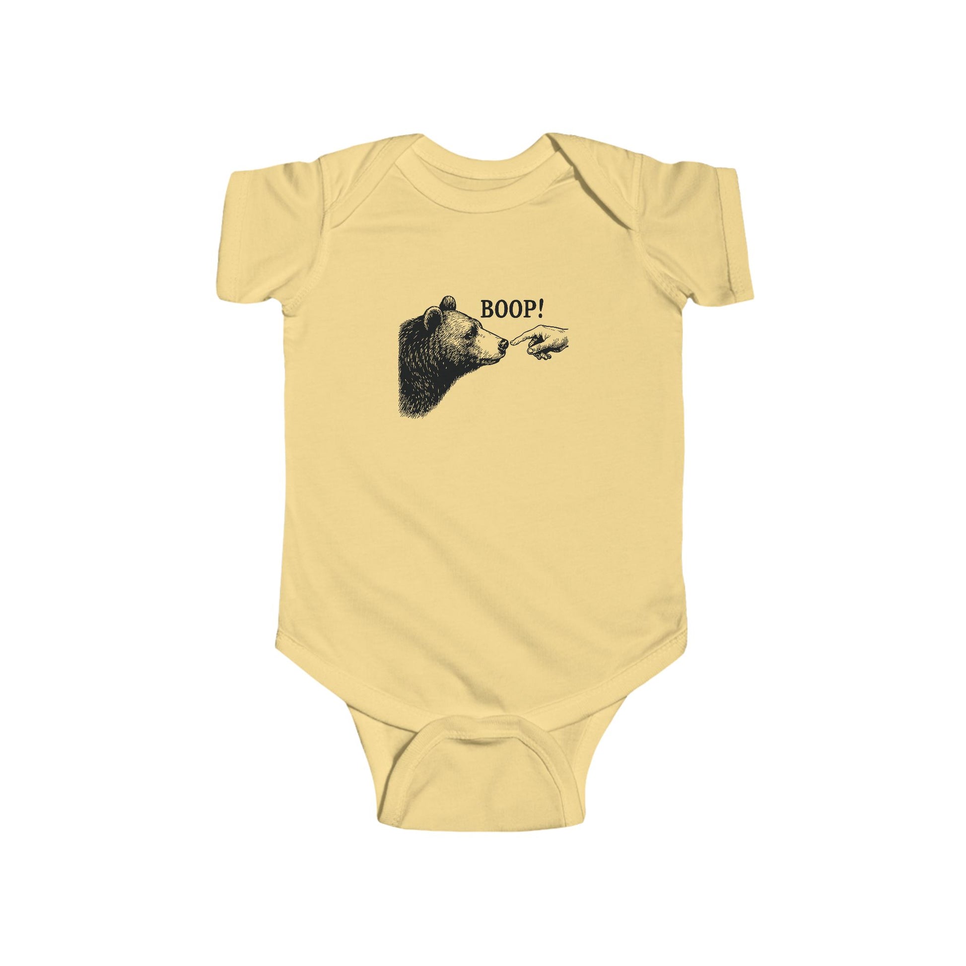 Butter yellow Bear Boop baby bodysuit with vintage engraved bear and pointing finger
