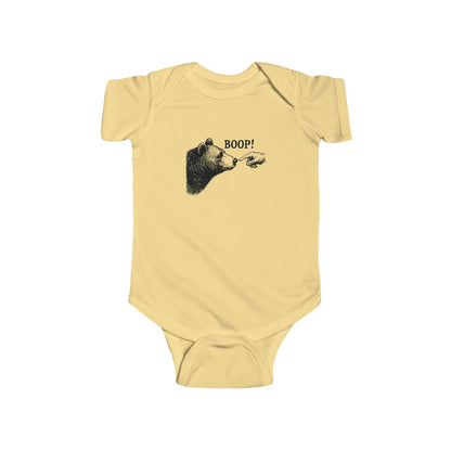 Butter yellow Bear Boop baby bodysuit with vintage engraved bear and pointing finger