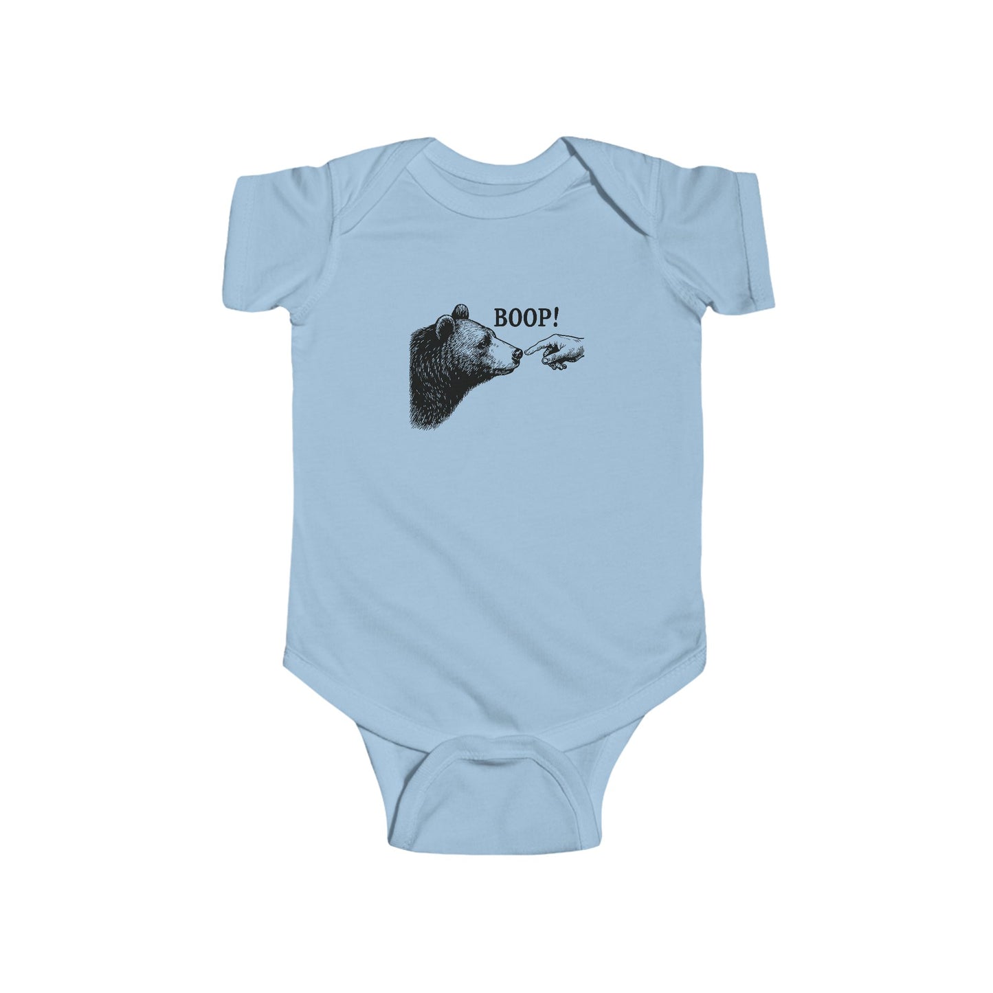 Light blue Bear Boop baby bodysuit with vintage engraved bear and pointing finger