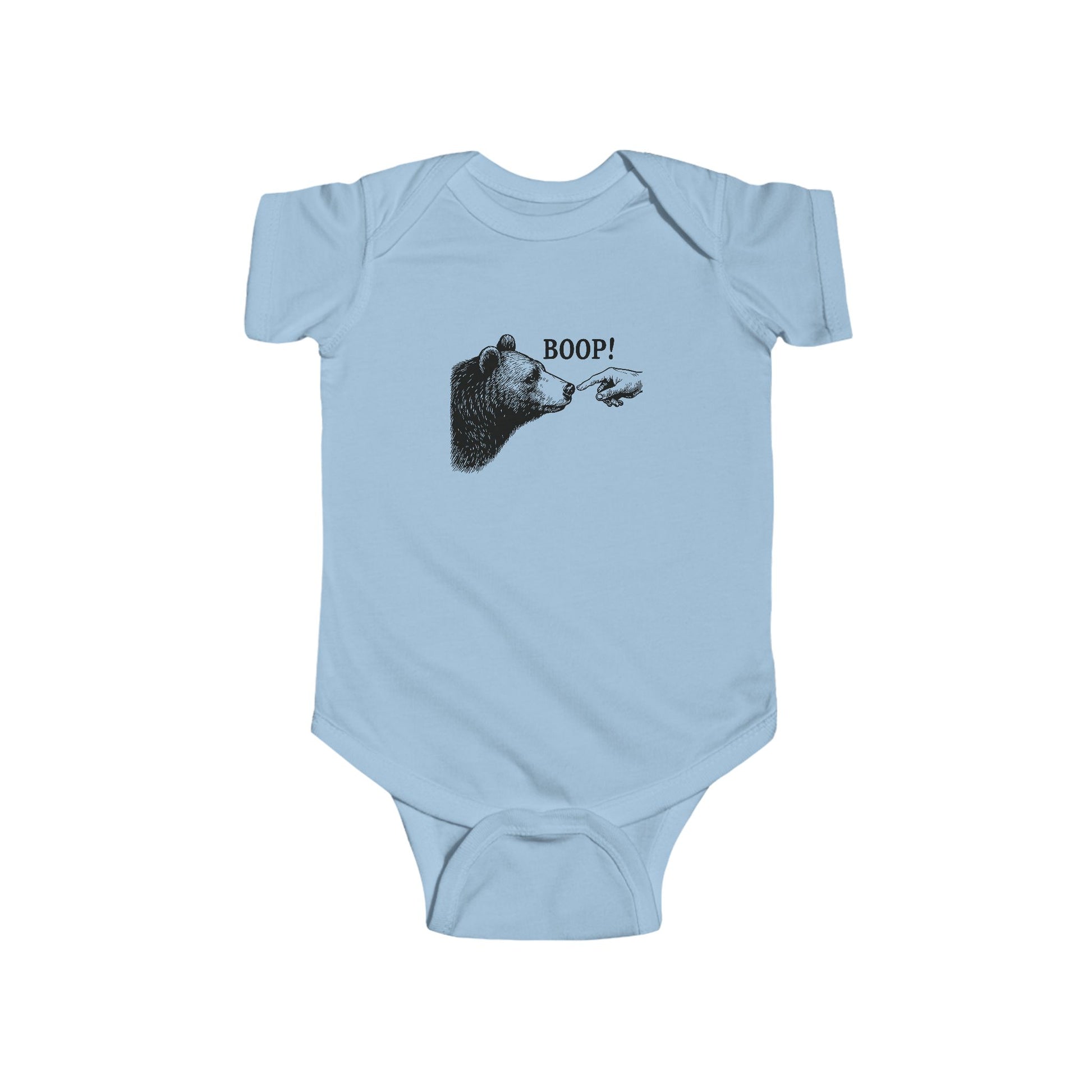 Light blue Bear Boop baby bodysuit with vintage engraved bear and pointing finger