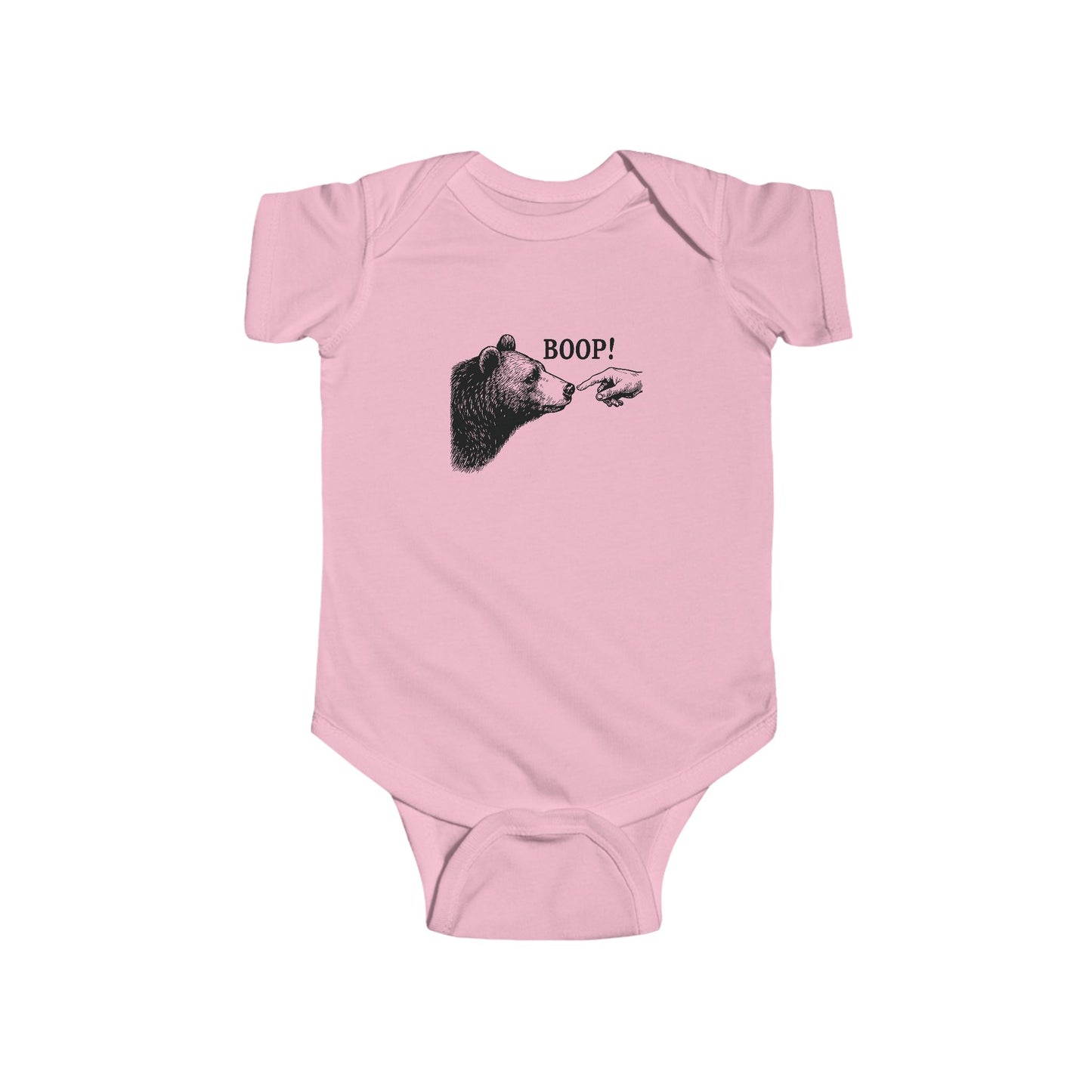 Pink Bear Boop baby bodysuit with vintage engraved bear and pointing finger