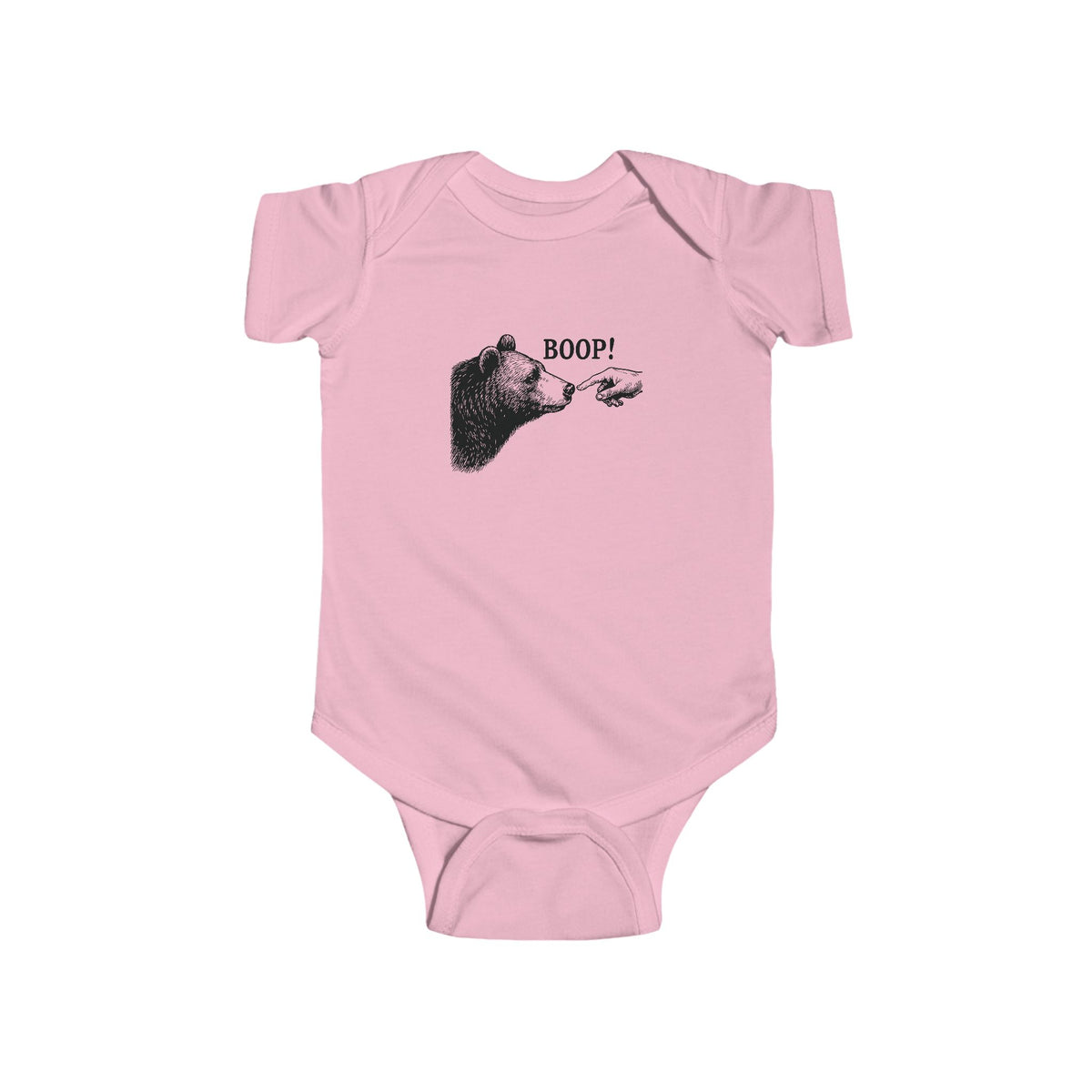 Pink Bear Boop baby bodysuit with vintage engraved bear and pointing finger