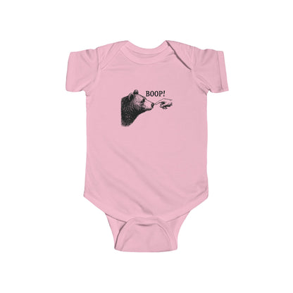 Pink Bear Boop baby bodysuit with vintage engraved bear and pointing finger