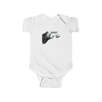 White Bear Boop baby bodysuit with vintage engraved bear and pointing finger