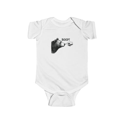 White Bear Boop baby bodysuit with vintage engraved bear and pointing finger