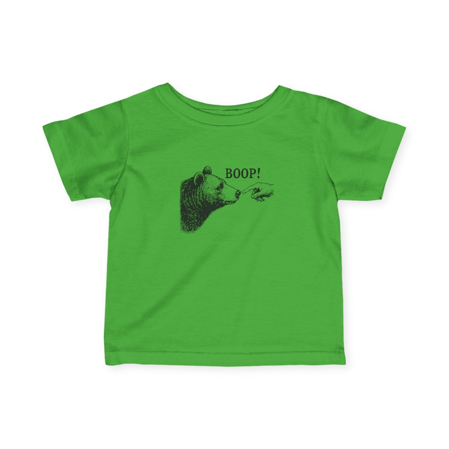 Apple green Bear Boop baby t-shirt with vintage engraved bear and pointing finger