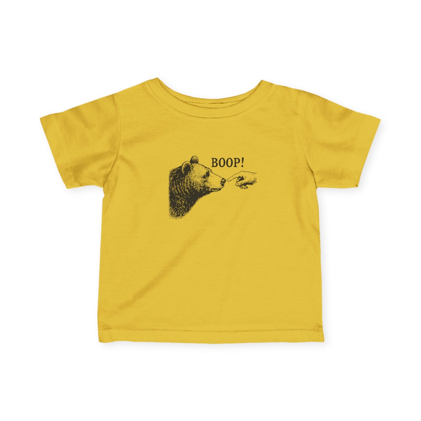Butter yellow Bear Boop baby t-shirt with vintage engraved bear and pointing finger