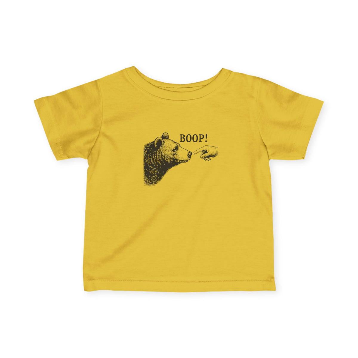 Butter yellow Bear Boop baby t-shirt with vintage engraved bear and pointing finger