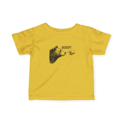 Butter yellow Bear Boop baby t-shirt with vintage engraved bear and pointing finger