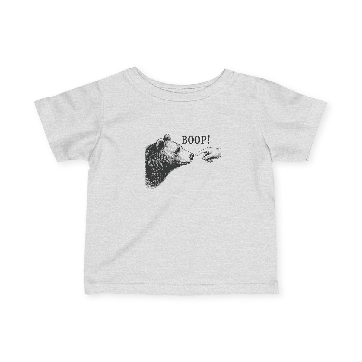Heather grey Bear Boop baby t-shirt with vintage engraved bear and pointing finger