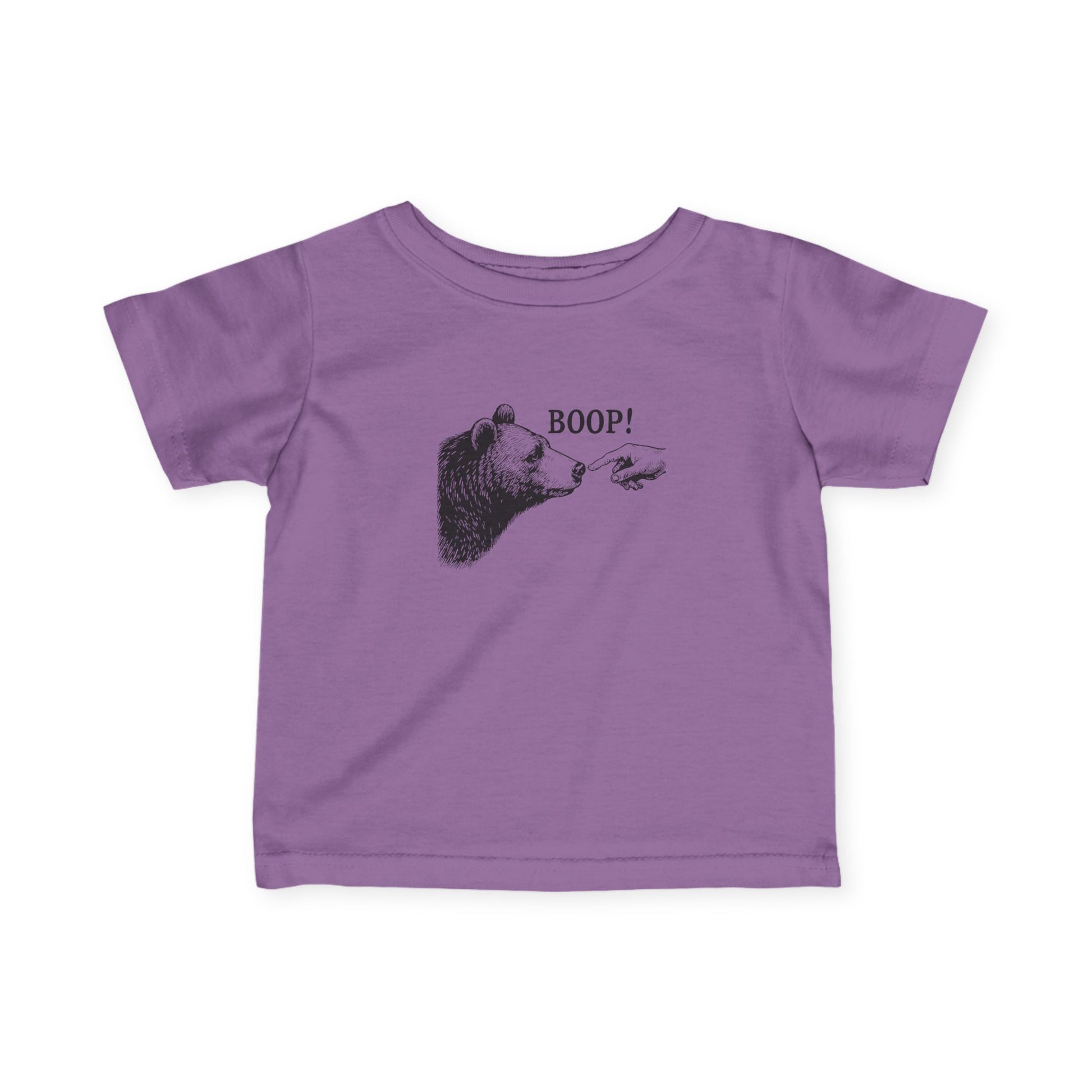 Lavender Bear Boop baby t-shirt with vintage engraved bear and pointing finger