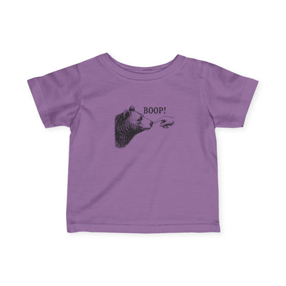 Lavender Bear Boop baby t-shirt with vintage engraved bear and pointing finger