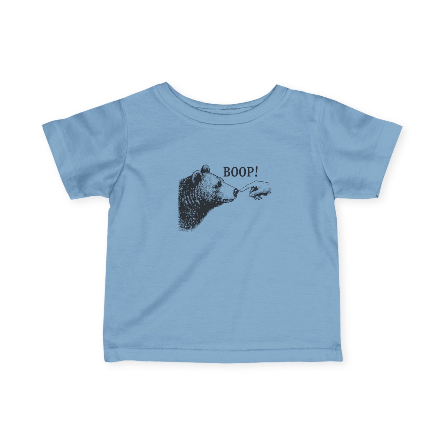 Light blue Bear Boop baby t-shirt with vintage engraved bear and pointing finger